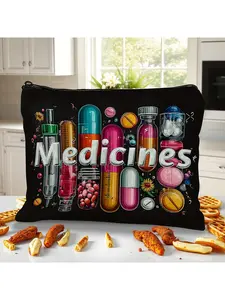 Trendy for makeup Pouch Featuring a Medication Theme And a Zipper, This Sturdy And Versatile Is Perfect for Cosmetics, Adorned with Vibrant Drug Symbols, Serving As a Storage Solution for Pharmaceuticals. It'S a Playful Design Made from Fade-Resista
