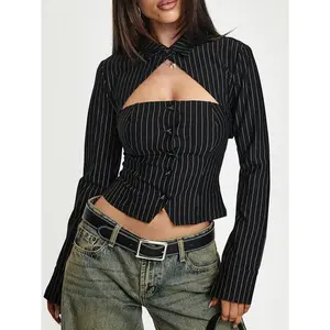 Women's Striped Print Cut Out Shirt, Casual Long Sleeve Collared Top for Spring & Fall, Ladies Clothes for Daily Wear