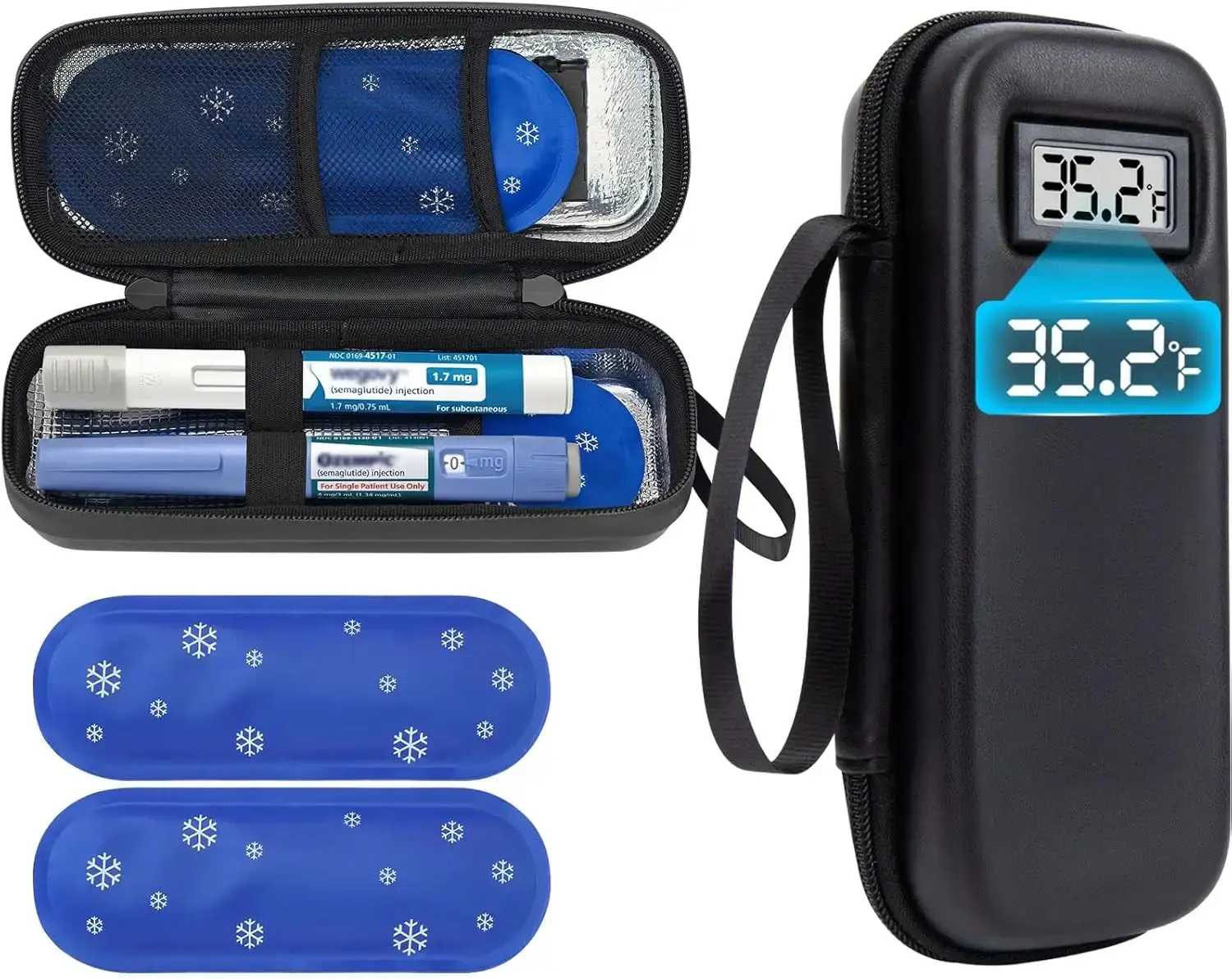 Insulin & GLP-1 Travel Case with Temperature Display, TSA Approved Medical for Ozempic Wegovy Mounjaro Zepbound Pens, Diabetic Medicine Bag with 2 Ice Packs