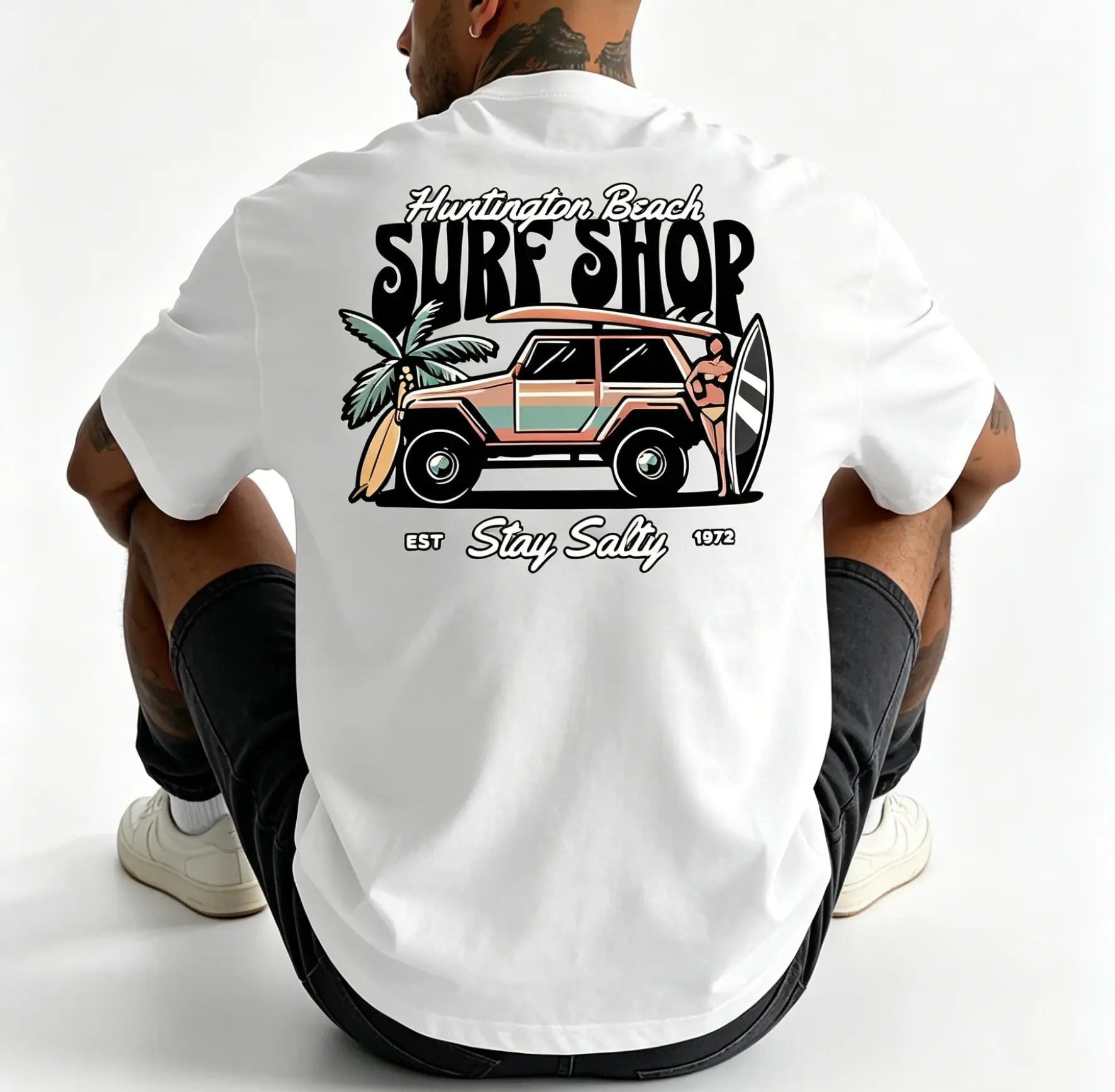 Men's Retro Surf Shop Graphic Tshirt - Huntington Beach Design with Vintage Van & Surfboard, Breathable Round Neck Short-Sleeve Knit Top, Casual Comfort-Fit Menswear for Surfing Activities