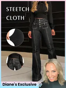 【Diane's Exclusive】 Women's Fitted Plain Button Pocket Flare Leg Jeans, Casual Bell Bottom Trousers for Daily Wear, Summer Outfits 2024, Ladies Bottoms for All Seasons