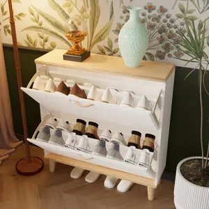 Shoes Storage Cabinet for Entryway,Narrow Shoe Rack Cabinet,Shoe Cabinet with 2 Flip Drawers,Freestanding Shoe Organizer with Natural Wood Legs,Slim Entryway Storage Organizer for 8-16 Pairs Shelf Adjustable