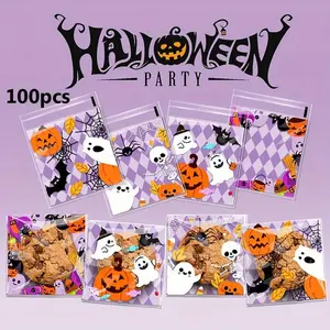 100 Pack Cartoon Pumpkin Ghost Halloween Cookie Nougat Candy Packaging Bags, Party Favor Self-Sealing Gift Bags for Treats