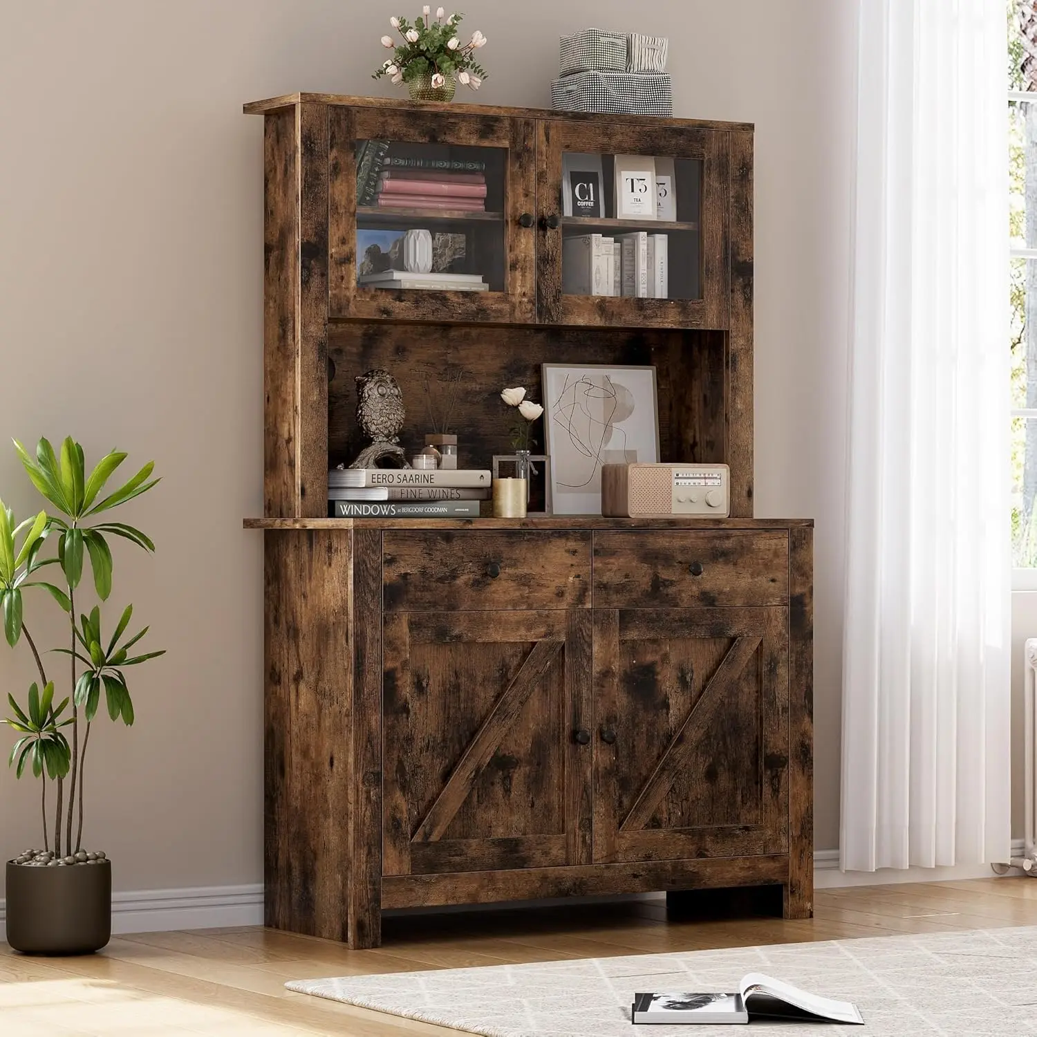 Gaomon Farmhouse Engineered Wood Tall Freestanding Kitchen Pantry Cabinet - Modern Sideboard Buffet, Adjustable Shelves, Roomy Countertop, Thick Base, Microwave Stand, Tall Goods Storage, 2-Person Assembly Required for Kitchen, Dining Room