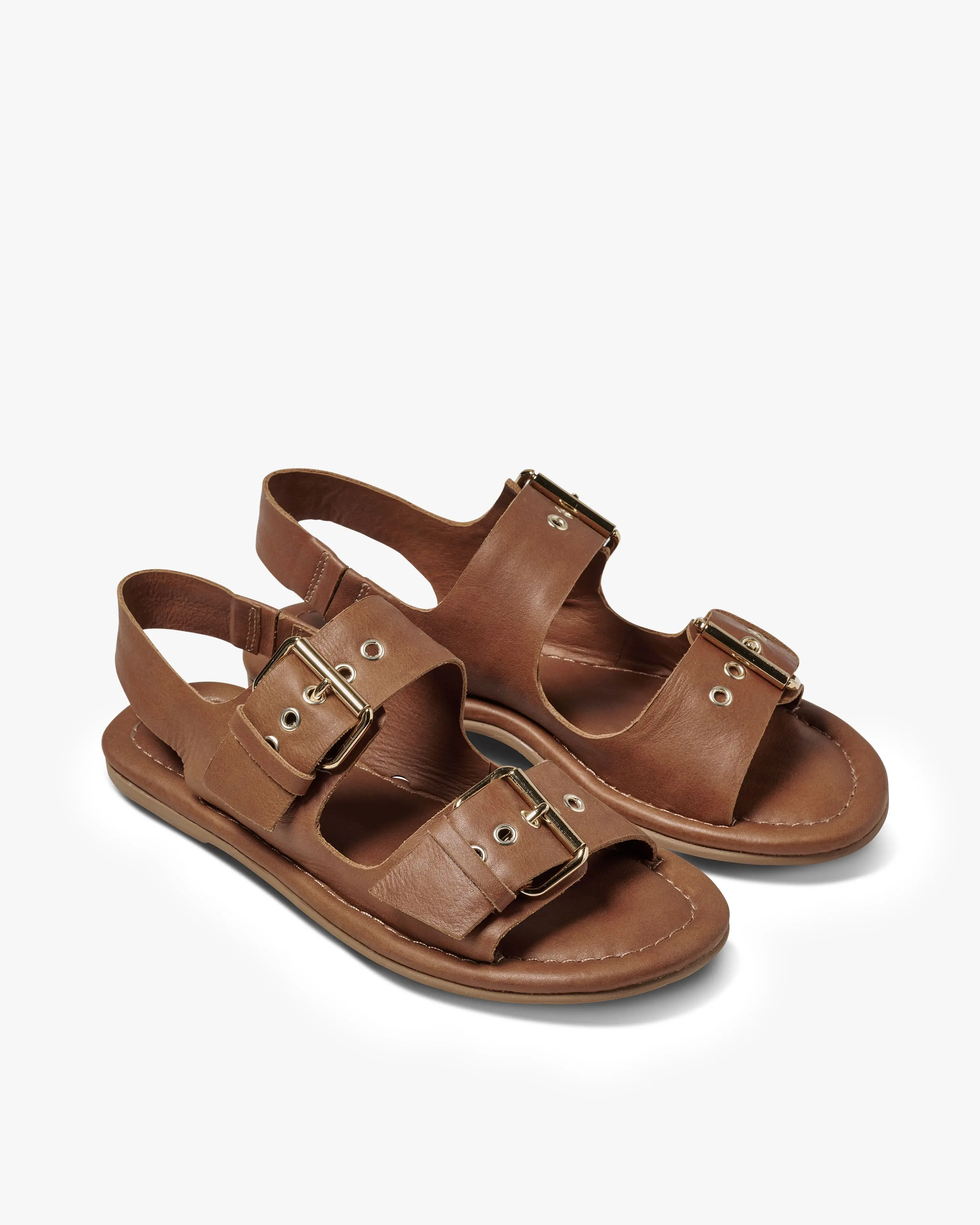 beek HUET Women's Cognac Leather Sandals - Open Toe, Velcro Closure, Adjustable Straps, Padded Footbed, Summer Footwear