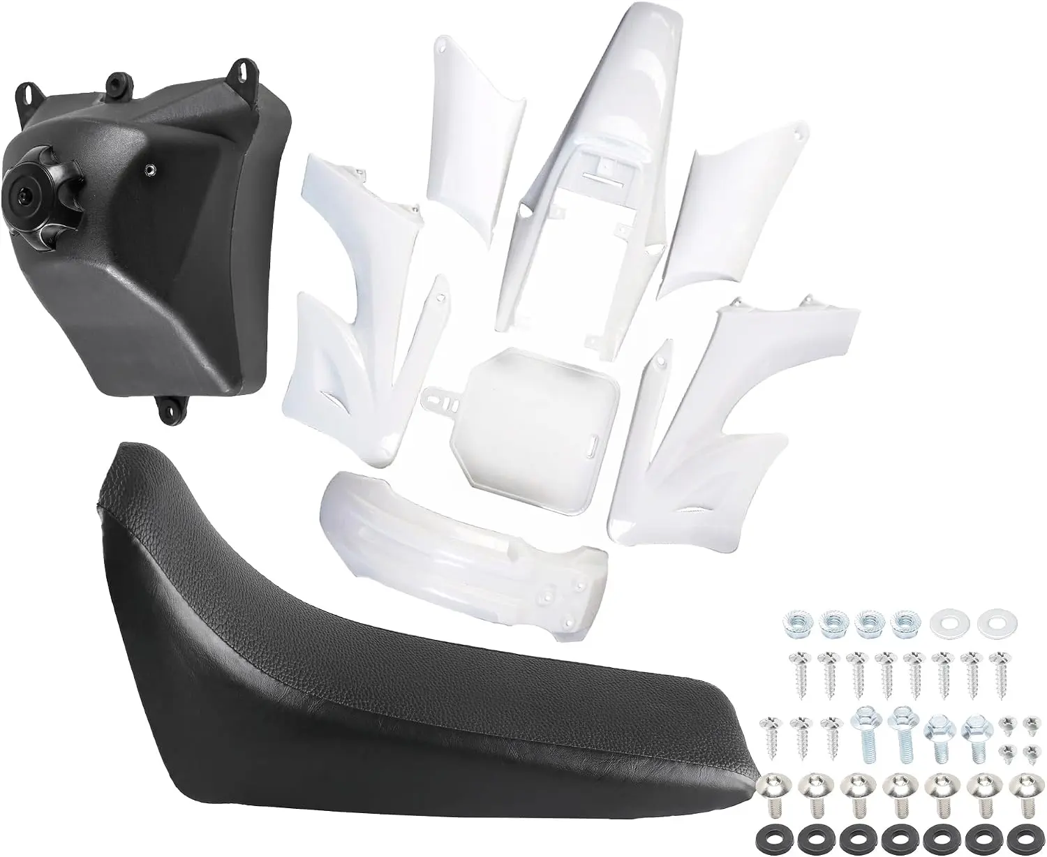 Complete Plastics Fairing Body Kit with Fuel Tank, Seat & Hardware for Apollo Orion 110cc 125cc 150cc 200cc Pit Dirt Bike – Number Plate Side Panels Tank Shrouds + Gas Tank + Seat Full Set (White)