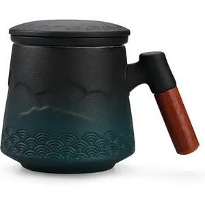 14.5oz/430ml Gradient Green Ceramic Tea Coffee Mug with Infuser Lid & Wood Handle, Gradual Mountain Spray Design