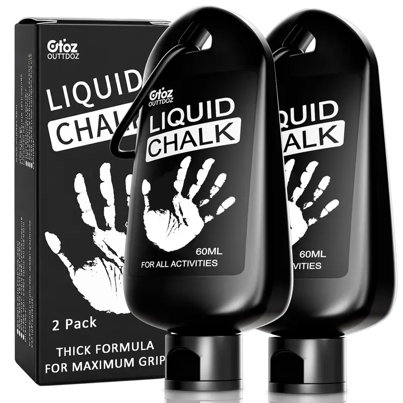 OUTTDOZ 2-Pack Outdoor Liquid Chalk, 2 oz Mess-Free Grip Gym Chalk with Carabiner Hang Bottles & Retail Box, Sweat-Resistant for Rock Climbing, Lifting Ready Use