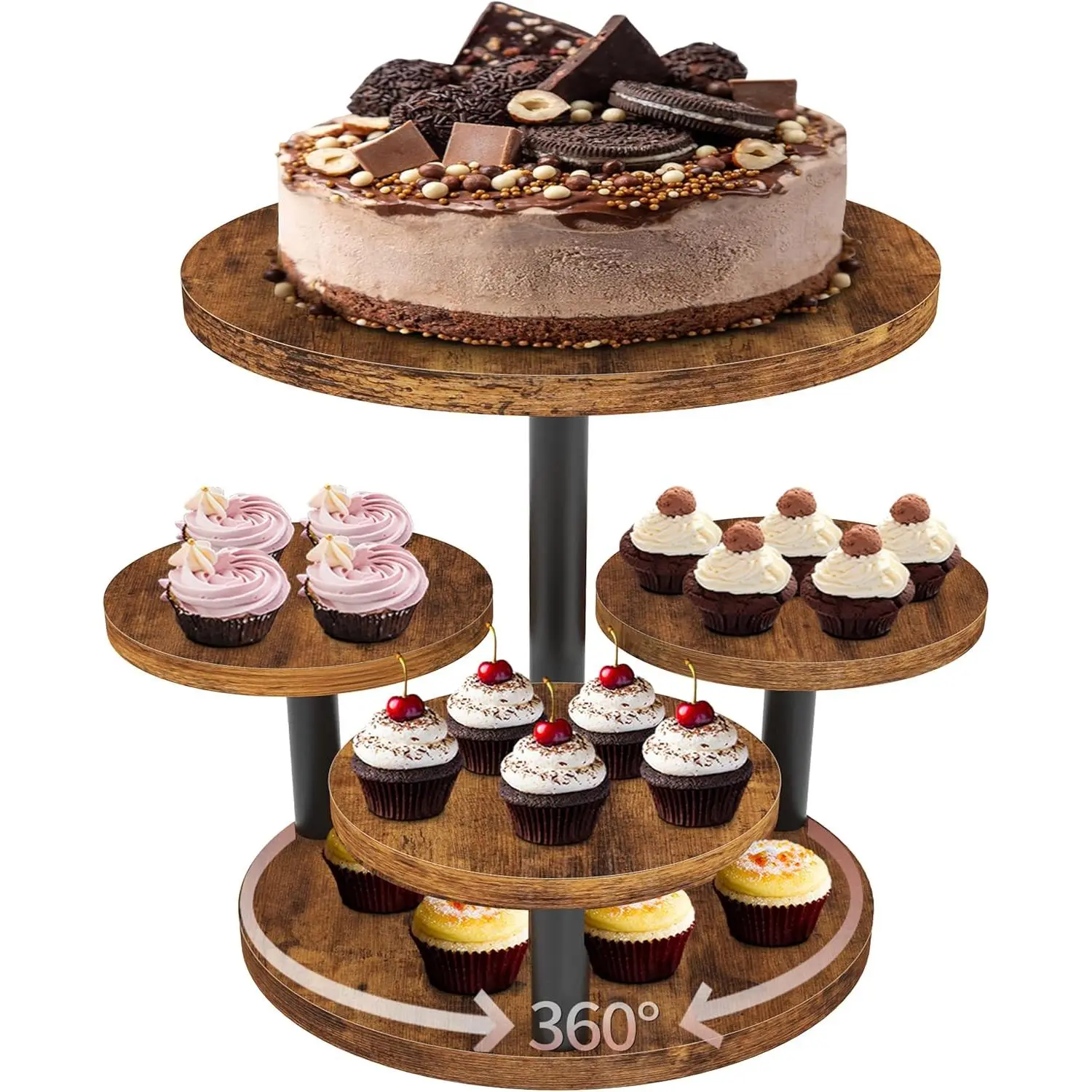 Cupcake Stand, Rotatable Cupcake Stand, Rustic Industrial Wood Cake Stand Cupcake Tower, Dessert Table Display Set Tiered Tray Stand, Round Serving Tray Cake Stands for Party Wedding Birthday