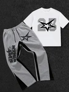 This men's two-piece set includes a star-print graphic T-shirt and a pair of fitted trousers. The crew neck short-sleeved T-shirt and slim-fit trousers are made of knitted fabric, suitable for everyday wear and all seasons.