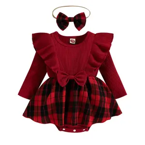 Christmas Infant Baby Girls Romper Dress Plaid Ruffles Long Sleeve Bowknot Skirt Hem Jumpsuits Headband