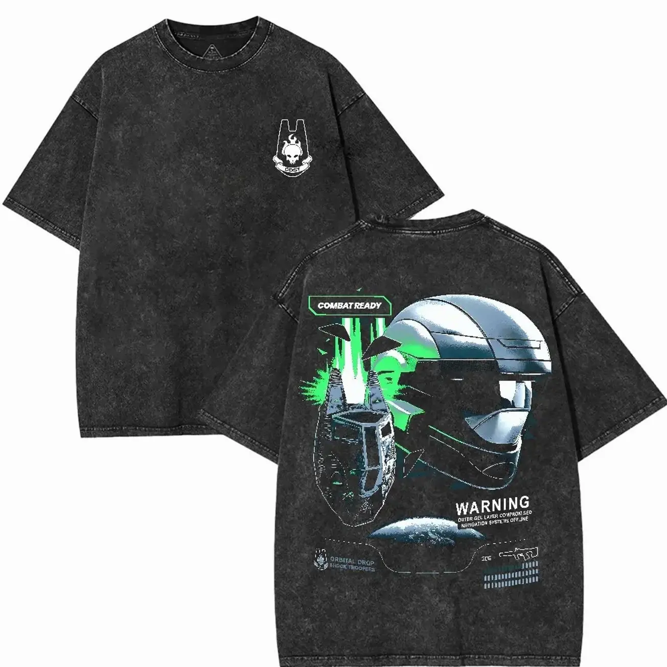 Halo ODST Drop Pod T-Shirt Double Printed Oversized Washed Tee Unisex Acid Washed Lightweight Cotton T-Shirt,Game Lover, Menswear Top Collar Tshirt Casual Graphic ZDD