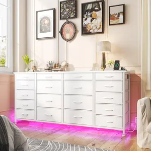 RaybeeFurniture 63" W 18 Drawers Dresser, with LED Lights & Power Outlets, Long Dresser for 65" TV Stand for Bedroom, Large Fabric Dressers & Chests of Drawers for Bedroom, Sturdy Metal Frame