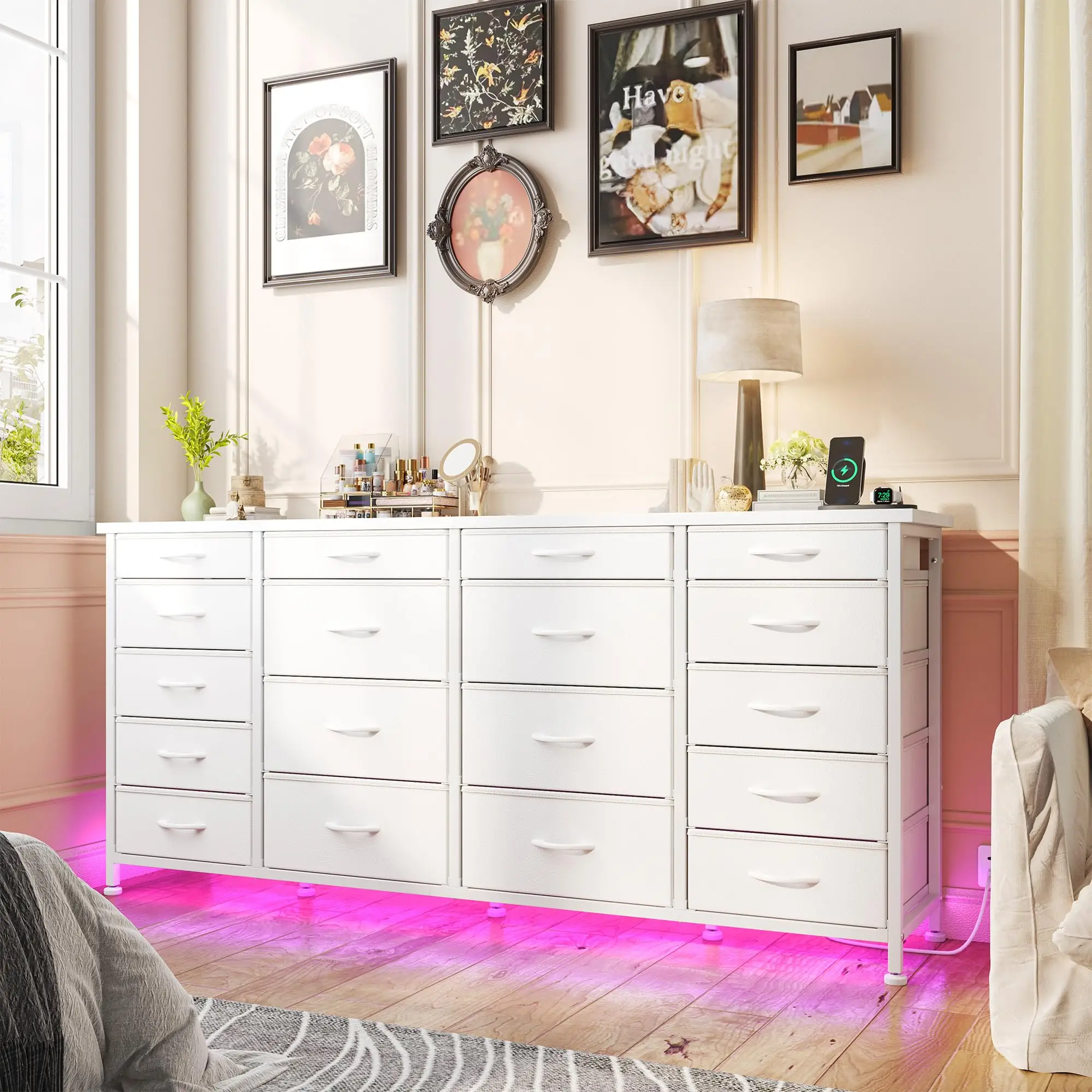 RaybeeFurniture 63" W 18 Drawers Dresser, with LED Lights & Power Outlets, Long Dresser for 65" TV Stand for Bedroom, Large Fabric Dressers & Chests o