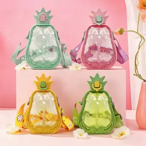 4 colors of 20.3oz pineapple plastic water bottle, cute portable travel, with adjustable strap, leak proof water bottle, 600ml