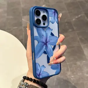 Magnetic Stylish Case for iPhone 17 16 E Pro Max 15 Plus 14 13 12 11 XS XR, Cute Blue Lily Pattern Print | Shockproof, Silicone, Trendy, Protective, and Aesthetic