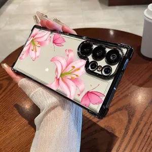 Compatible with S25 Ultra/S24/S23/S22 Phone Case pink lily flowers and pink butterfly Pattern fashion girl and  boy phone case SXNHD32-9