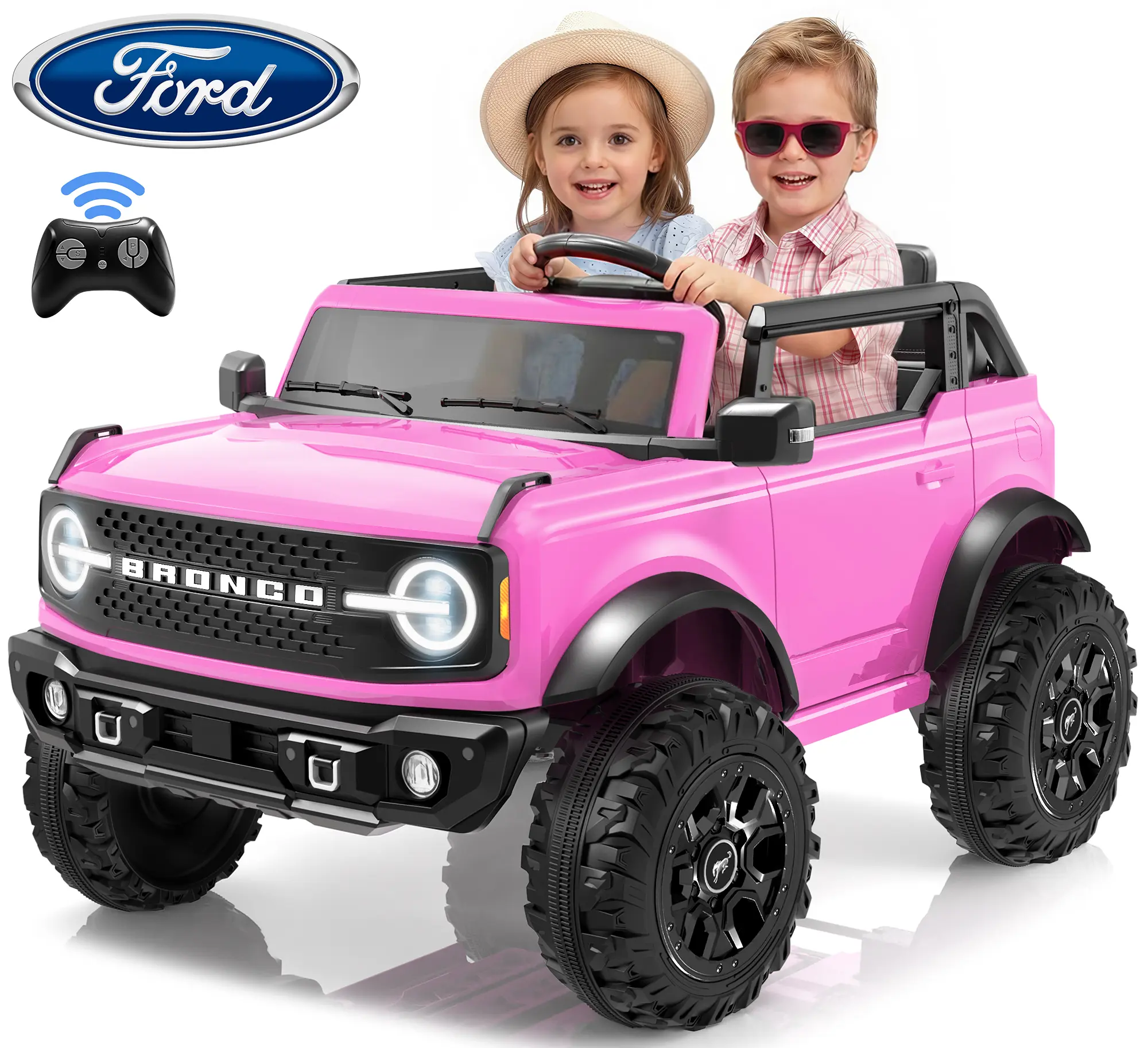 First Ride On 24V Ride on Toys for Big Kids, Licensed Ford Bronco Base 2 Seater Ride on Car with Remote Control, Girl Ride on Truck w/Seat Belts, 3 Speeds, Spring Suspension and Bluetooth