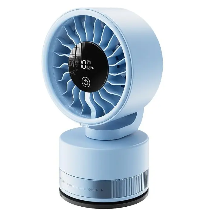 Blue Upgraded Cordless Suction Cup Wall-Mounted Fan, Fully charged, it can be used for 4–12 hours., Digital Display, 5 Speeds, 180° Tilt, 340° Rotation, Compact camping fan, suitable for home, kitchen, office, and car use portable