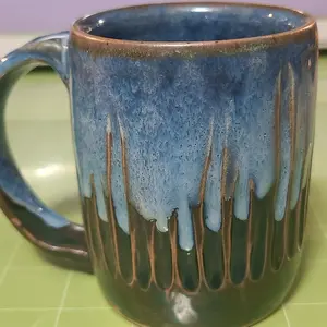 Ceramic Mug Cup, Blue Swirls and Brown Ridges, Wheelthrown, Carved, Handle, 9 oz, Blue and Brown with white swirls and vertical ridges. Cup Ceramic