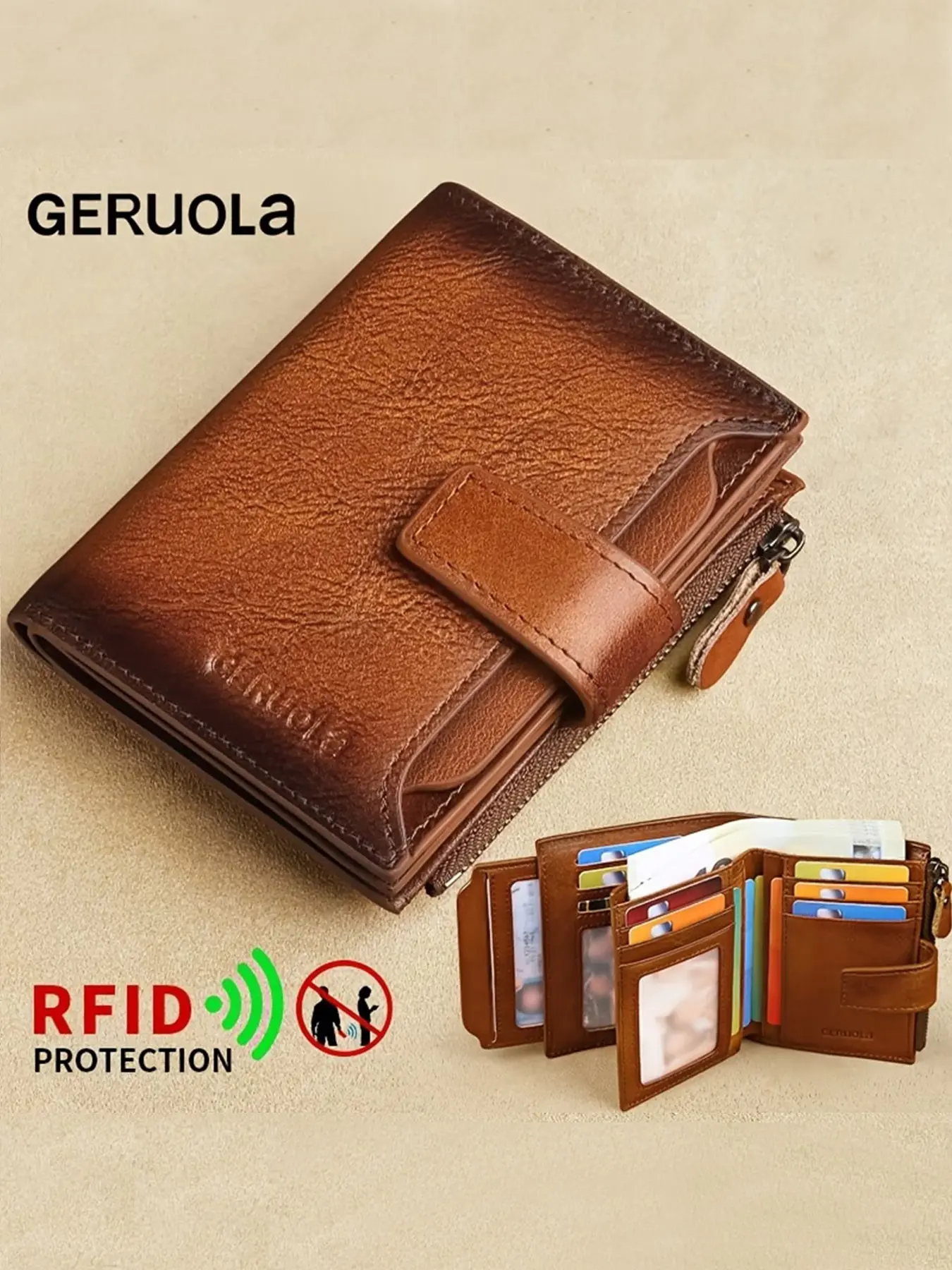Geruola Men's Leather Wallet, Vintage RFID Blocking Foldable Wallet, Adjustable Strap, 17 Card Slots, ID Window, Coin Pouch, Dark, Gift Ideas, Leather Bifold Wallet, RFID Blocking Wallets, Vintage Style Wallet