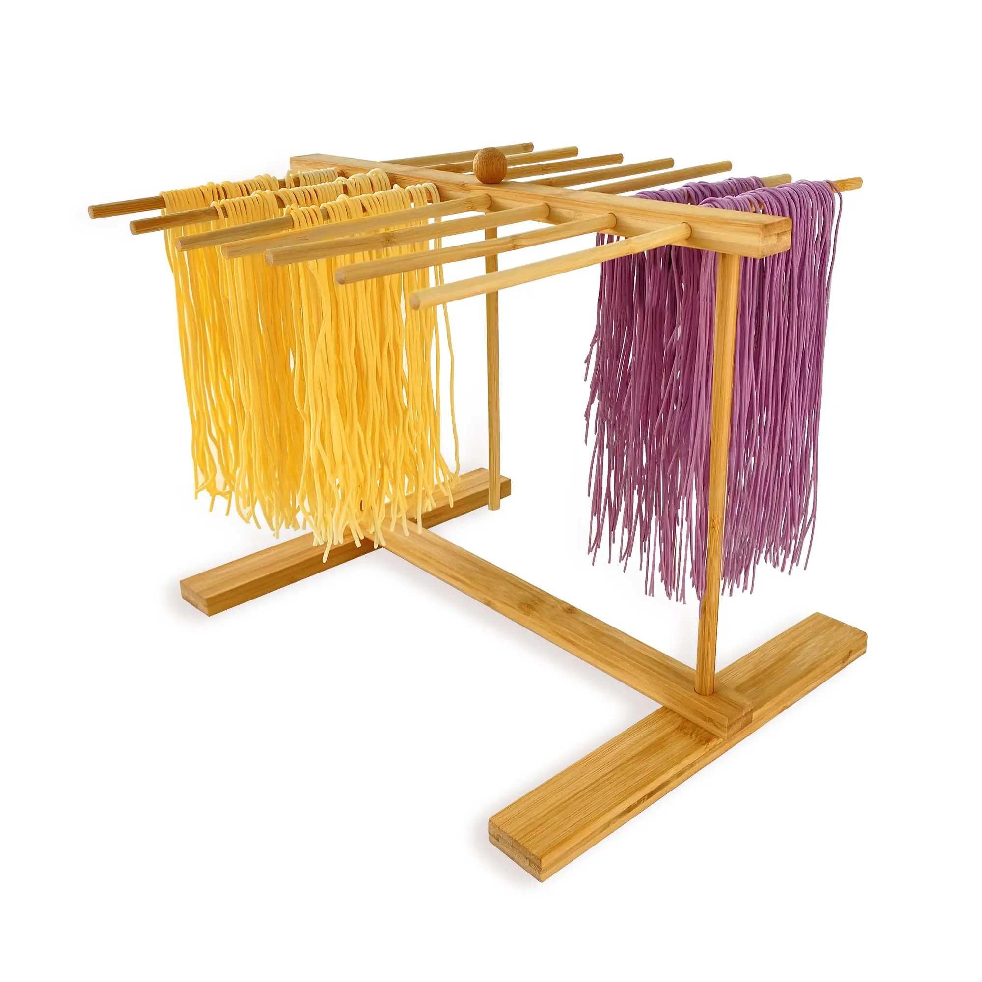 Bamboo-pasta-drying-rack With Transfer Wand & 14 Arms  Large Collapsible Fresh Pasta Dryer Holder For Homemade Noodle Spaghetti Tagliatelle Detachable Fettuccine Hanger Stand Bars