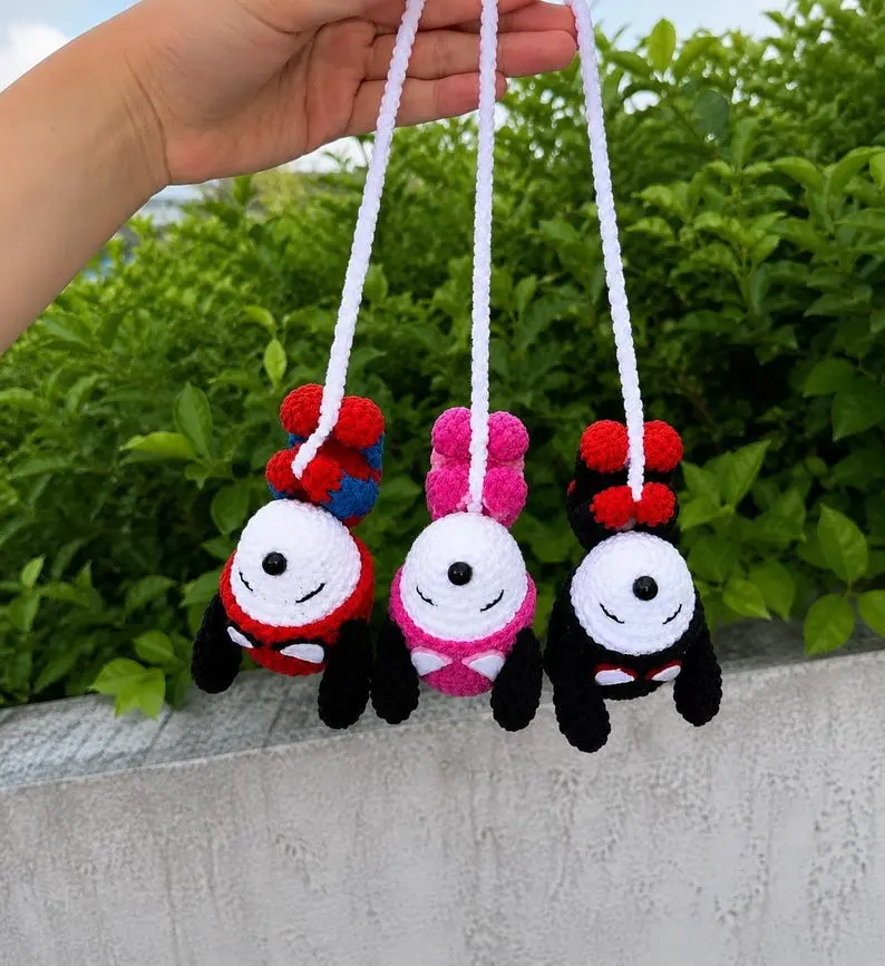 Superhero with Sp00p Crochet Car Hanging Charm, Handmade Amigurumi Car Mirror Decor, Gift for Marvel Fans, Kawaii Car Accessory