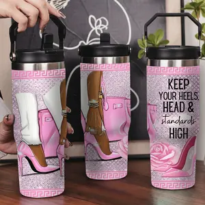 30oz Stainless Steel Insulated Tumbler with Leak-Proof Lid & Portable Handle - Pink high heels with rose pattern design,Long-Lasting Hot/Cold Insulation,Perfect for Car,Office,Travel and Birthday Gifts, Travel Drinkware,Horse Drink Water Bottles