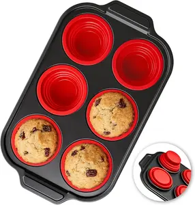 Silicone Muffin Pan for Baking with Metal Reinforced Frame - 6 Cups Regular Size Cupcake Pan Muffin Tins Egg Bite Molds - Nonstick, Easy to Pop, Bakeware for Oven, BPA Free (6-Cups Red)