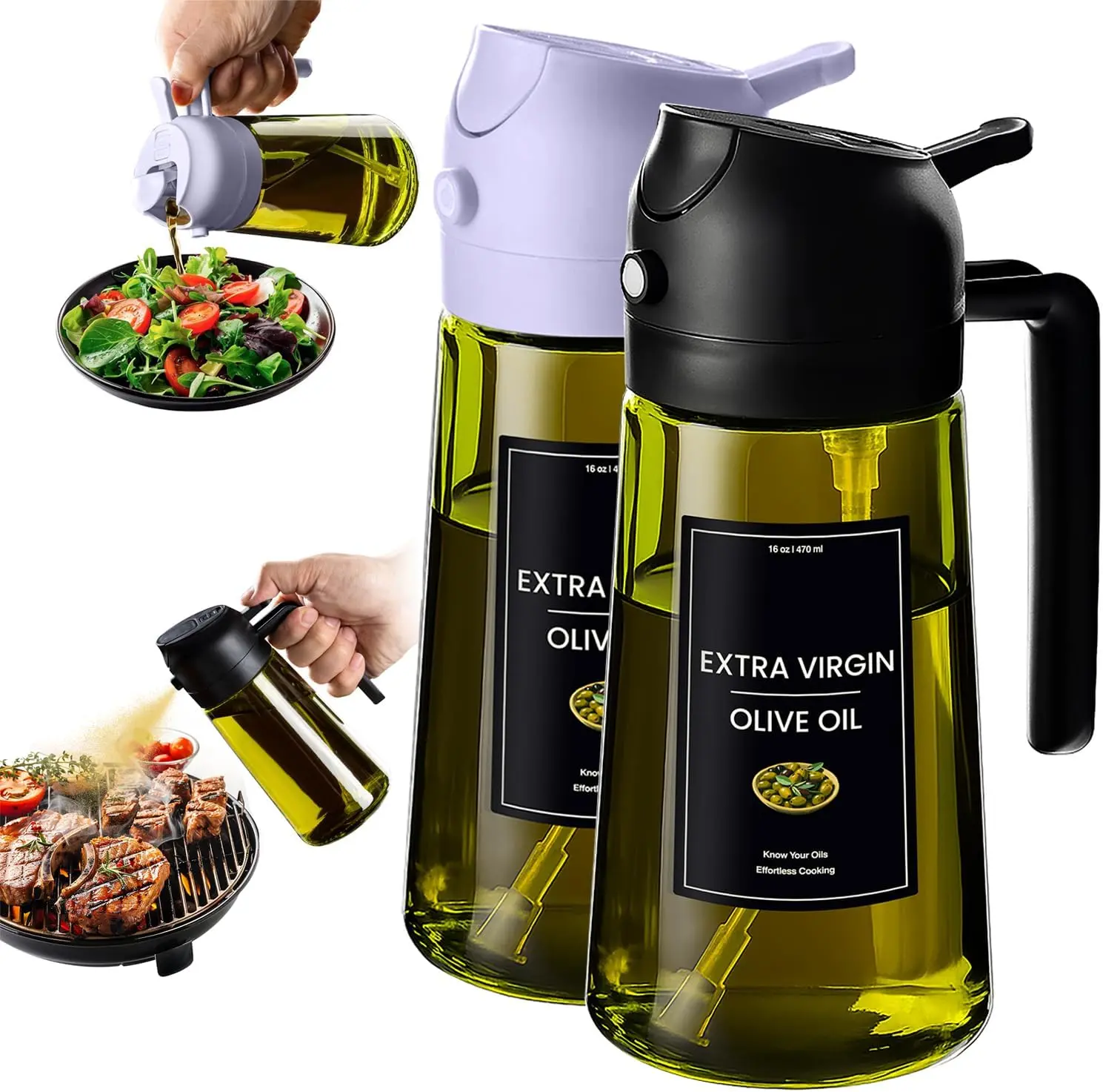 CXINYI 2 Pack Oil Sprayer for Cooking, 2-in-1 Olive Oil Dispenser Bottle, 16oz Glass Fine Mist Spray Bottle for Kitchen, Air Fryer, Salad, BBQ & Grilling, Light-Blocking Dark Design, Precise Control & Household Use