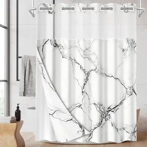 1pc hookless shower curtain with buckle lining, black and white marble texture pattern design, 2D flat printing, fabric waterproof lining, see-through double-layer shower curtain, 71 x 74 inches, bathroom curtain, modern home draping curtain