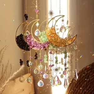 Moon Crystal Prism Set, Half-Moon Window Hanging Decor, Rainbow Glass Ornament, Home Garden Porch Wind Chime