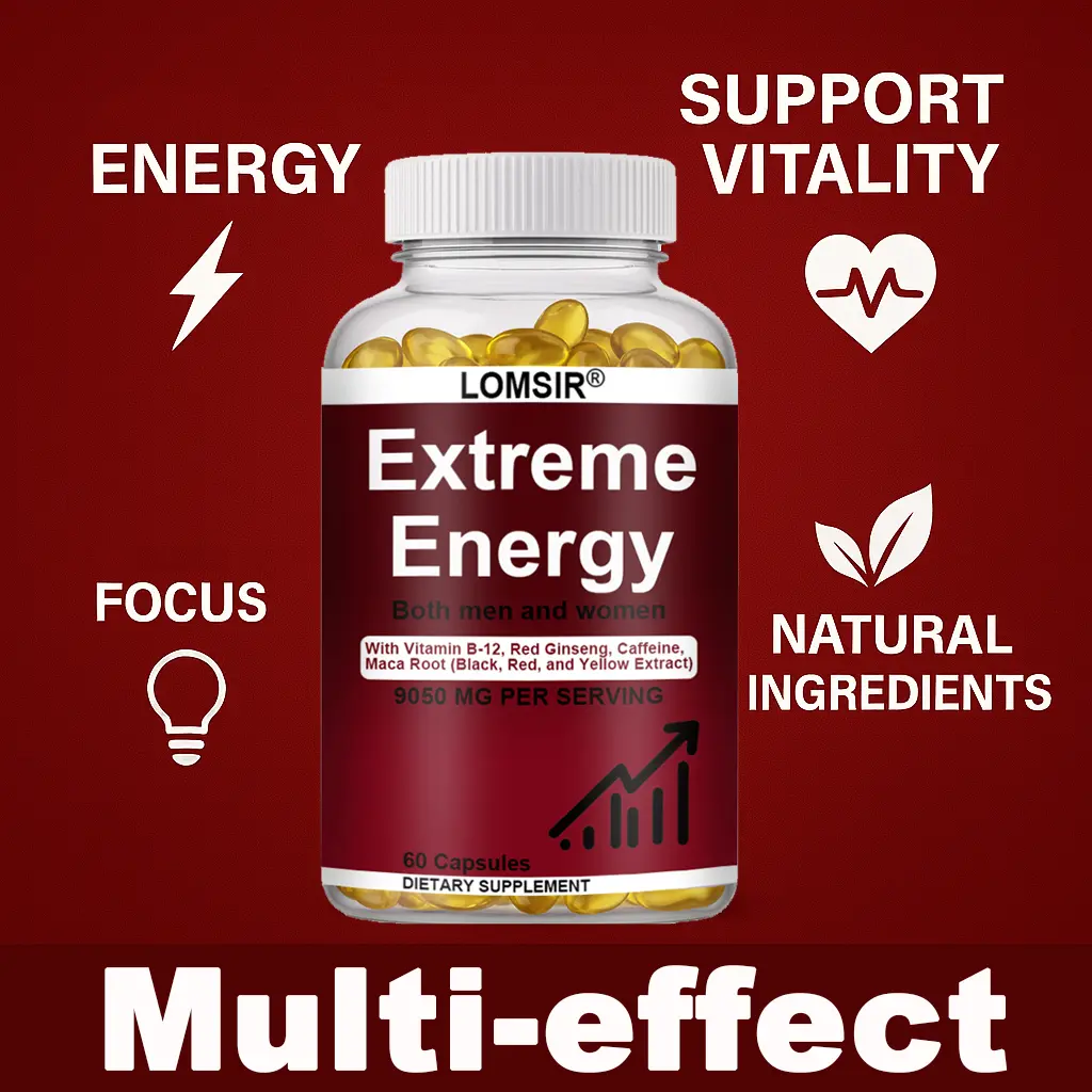 Extreme Energy Capsules - Energy Supplement with Red Ginseng, Maca and Saw Palmetto & Vitamin B12 - Everyday Energy Support for Men and Women - 60 Softgels