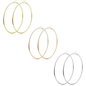 FINREZIO 3 Pairs Golden Silvery Rose Golden Large Hoop Earrings for Women Men Round Simple Style Earring Hoops Classic Stainless Steel Big Hoop Earrings Large Circle Earrings for Daily Wear