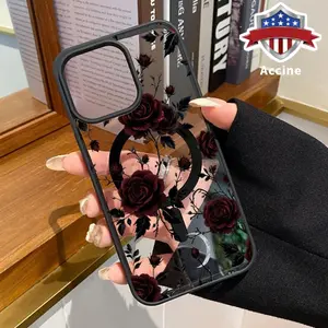 Magnetic Phone Case for iPhone 16 15 14 Pro Max 13 12 11 XR XS Plus E Mystic Rose Garden Pattern Acrylic Back TPU Edges Clear support wireless charging Bumper Cover