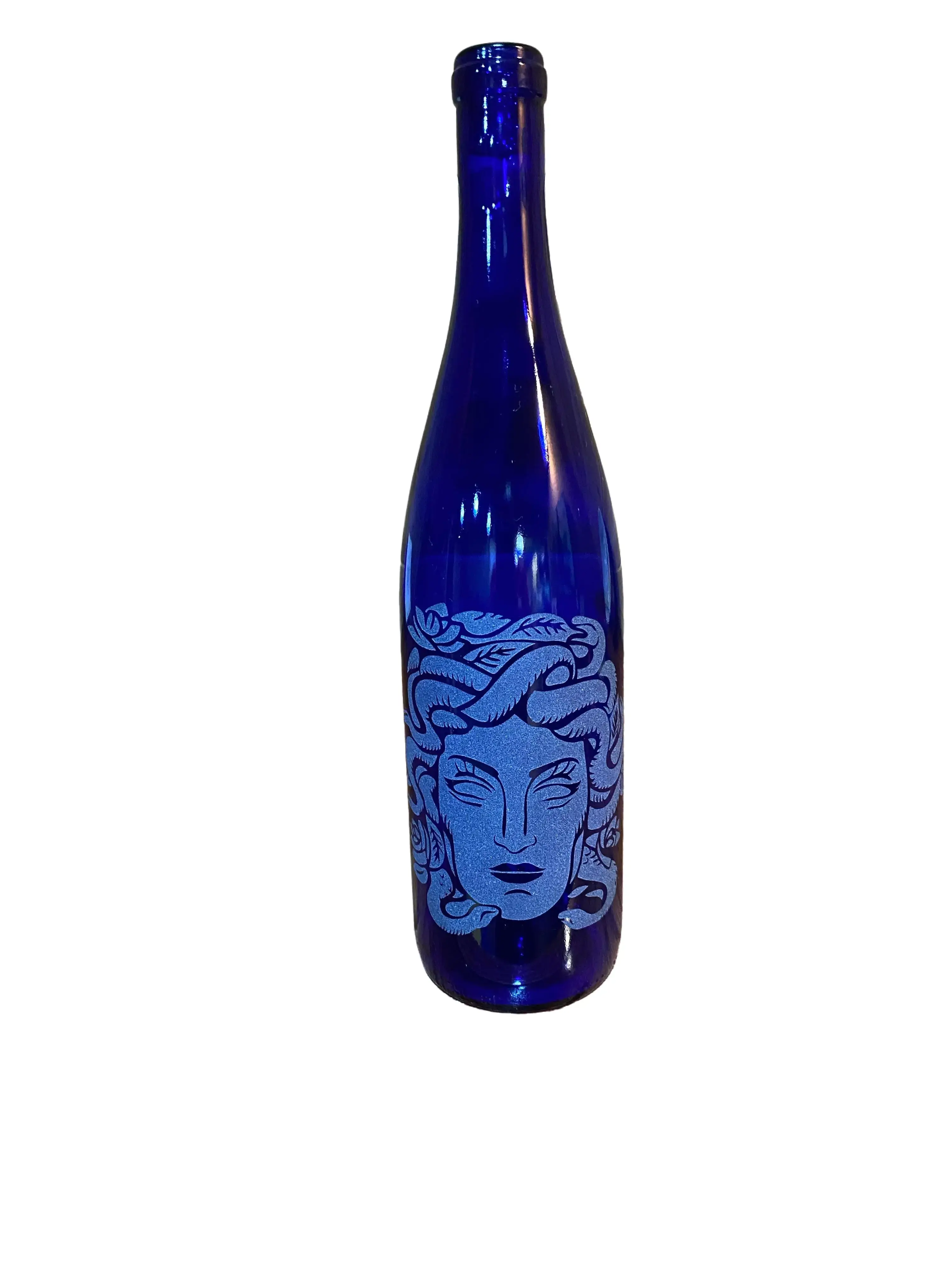 glass bottle incense burner with etched design
