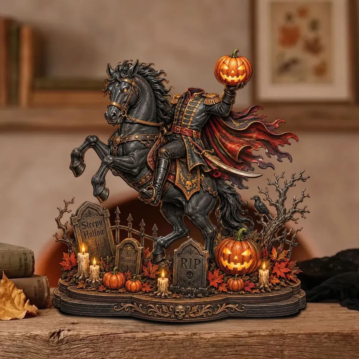 Headless Horseman Halloween Wooden Block, Spooky Gothic Decor, Haunted Cemetery Shelf Sitter, Fall Mantel Decor, Horror Gift
