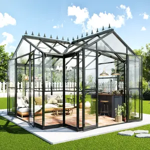 VanAcc 12x10x8 FT Greenhouse for Ourdoors, Quick-Connect Fittings, Aluminum Frame with 2 Vents, 2 Doors, and Walk-in Design for Garden or Backyard, Black
