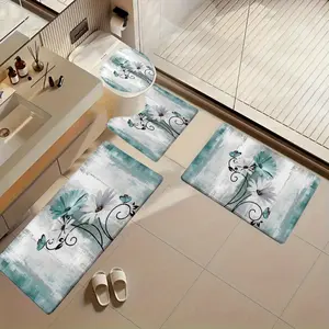 [Machine Washable] 4pcs Blue and White Bath Mat Set - Non-Slip Soft Thick Suitable for Shower, Bathtub, Toilet - Machine Washable Modern Minimalist Floor Mat for &, Blue White Flower Pattern (4pcs)