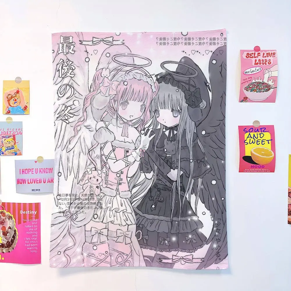 VIKAMA Last Winter Twin Angels Tapestry Yami Kawaii Anime Illustration Wall Hanging for Bedroom Girls' Room Dorm Decor