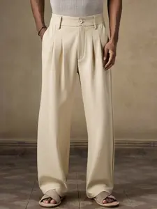 Men's Double Pleated Dress Pants, Elastic Waist Loose Straight Casual Trousers, Daily Simple Commuter Classic Vintage Drape Long Pants