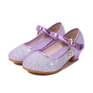 Girls Heels Children's Leather Shoes Small Children Princess Single Shoes Sequins Students Dance Gift