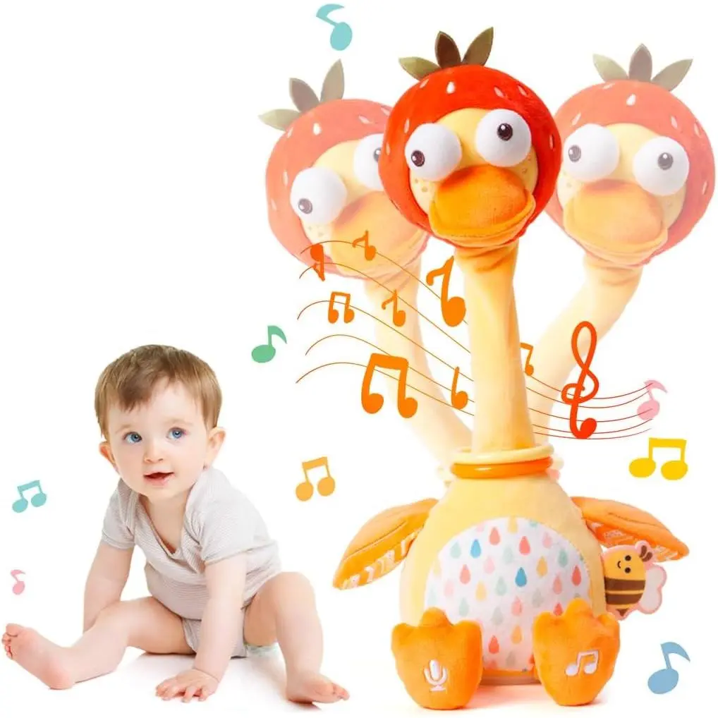 Plush Talking Singing Dancing Musical Strawberry Duck Toy for Toddlers 1-3 Just Like Cactus Toy, Music Mimicking Interactive Toys for Crawling Kids, Sensory Gift for Baby 0-6-12 Month