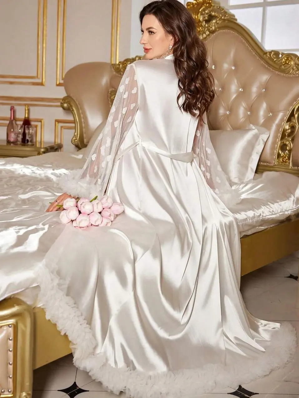 3D Floral Decor Extra Long Luxurious Faux Silk Contrast Mesh Sleeve Robe
