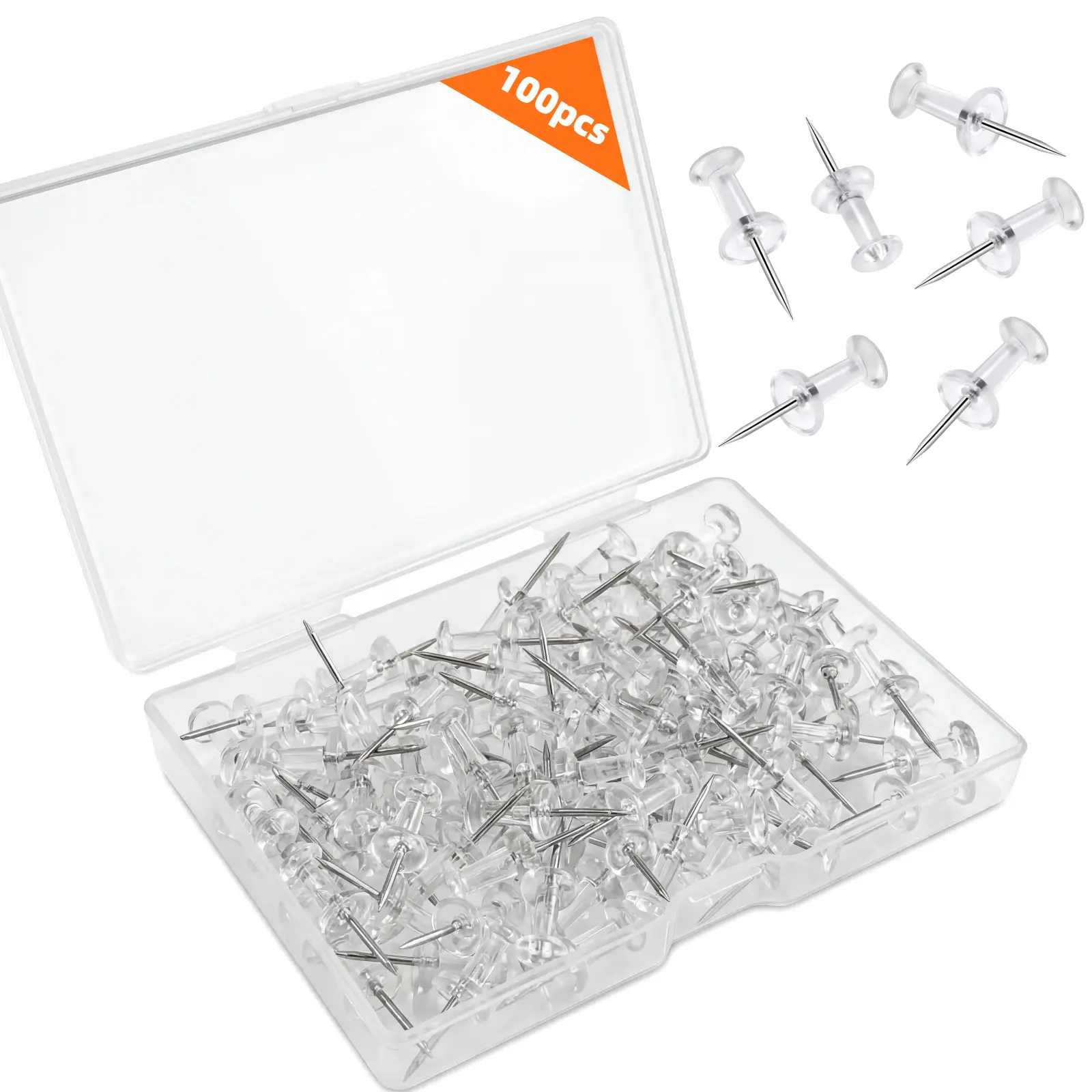 100-Pack Push Pins for Bulletin Board, Thumb Tacks with Clear Plastic Tip and Steel Tip, Portable and Durable Wall Tacks Suitable for Cork Board, Office and Daily Life