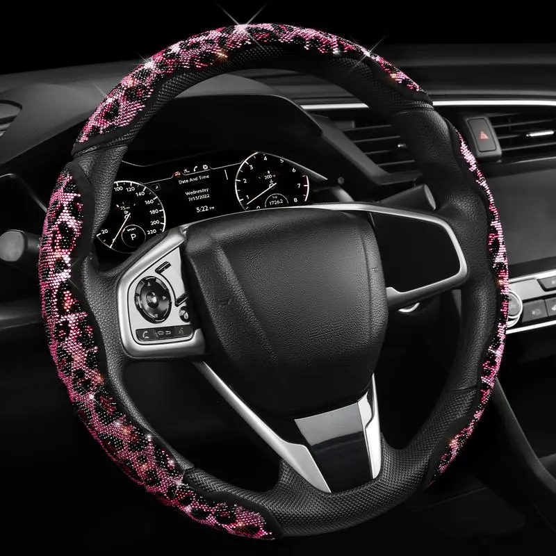 Women’s 2026 Latest Sequined Leopard Print Universal Steering Wheel Cover - Crystal-Diamond Inlay Decoration, Sports Style, Color-Optional Car Interior Accessory for All Vehicles
