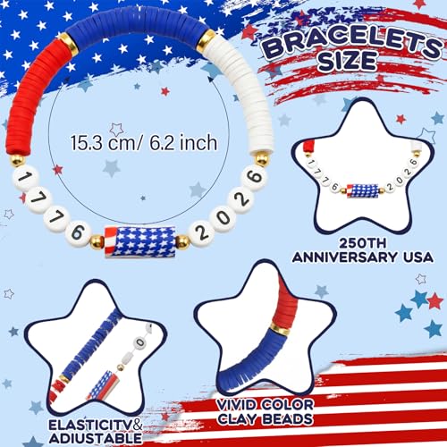 24/48 Pcs USA 250th Anniversary Flag Bracelet National Flag Independence Day Accessaries 4th of July Wristband for Women Men Teens Bulk Red White and Blue Patriotic Gifts for 4th of July American Summer Party Favors Event Parade Historical Celebration