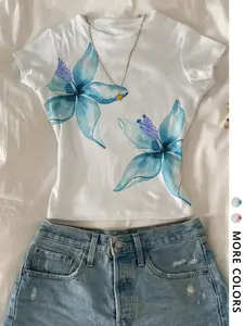 Women's Floral Print Round Neck Tee, Casual Slim-fitting Short Sleeve T-shirt, Ladies Summer Clothes for Daily Wear, Top