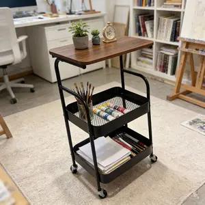 Three-Tier Multi-Functional Rolling Cart, Wooden Desktop, Metal Storage Organizer, Locking Wheels, Ideal for Kitchen, Office, Bedroom, Gift