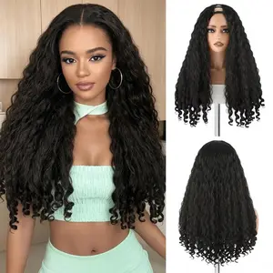 Afro Curly V Part Wig Wear and Go Glueless Wig with  Bouncy Curls in the End Synthtic Hair Soft As Human Hair Burmese Curly Half Wigs For Black Women 180% Density (Black, 22 Inch)